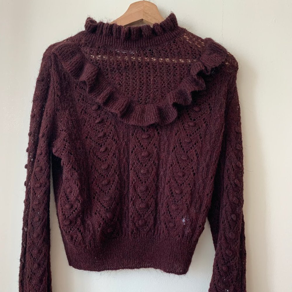 Zara burgundy ruffle knit sweater long sleeve NWT
